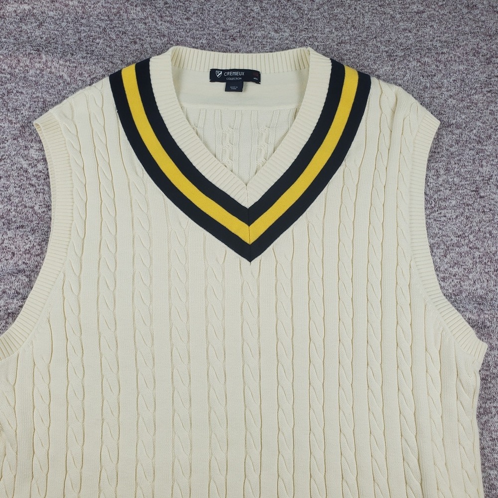 Cremieux Sweater Vest Men Sz XXL Ivory Navy Cable Knit V-Neck Golf Tennis Club - Picture 2 of 8